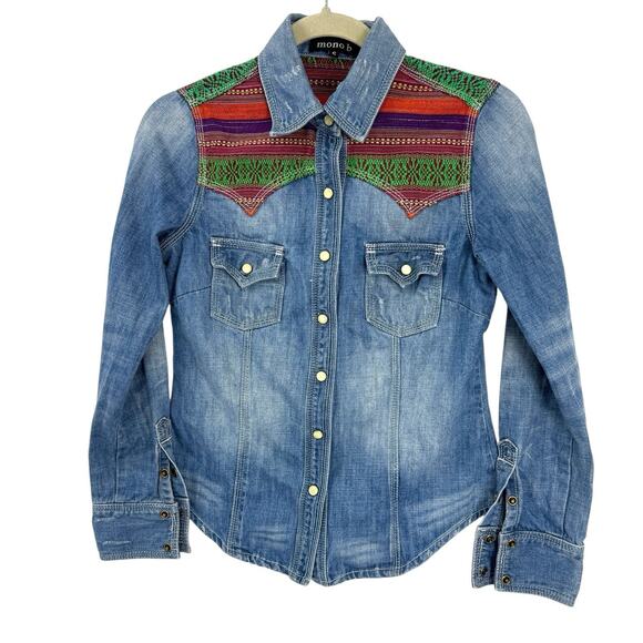 Mono b Southwestern Pearl snap Denim Shirt Colorful woven Accents Wom size small - Picture 1 of 12